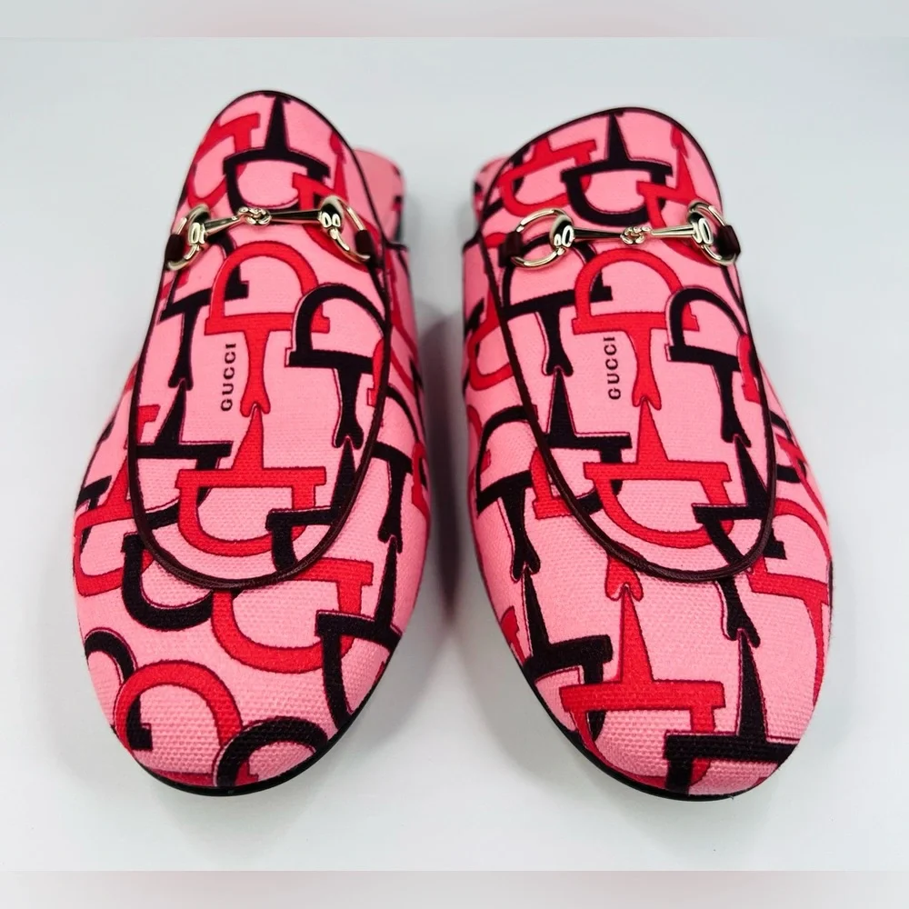 Gucci Princetown Horsebit Logo Print Pink Fabric Flat Loafer Mules Size EU 38.5 - Picture 6 of 12